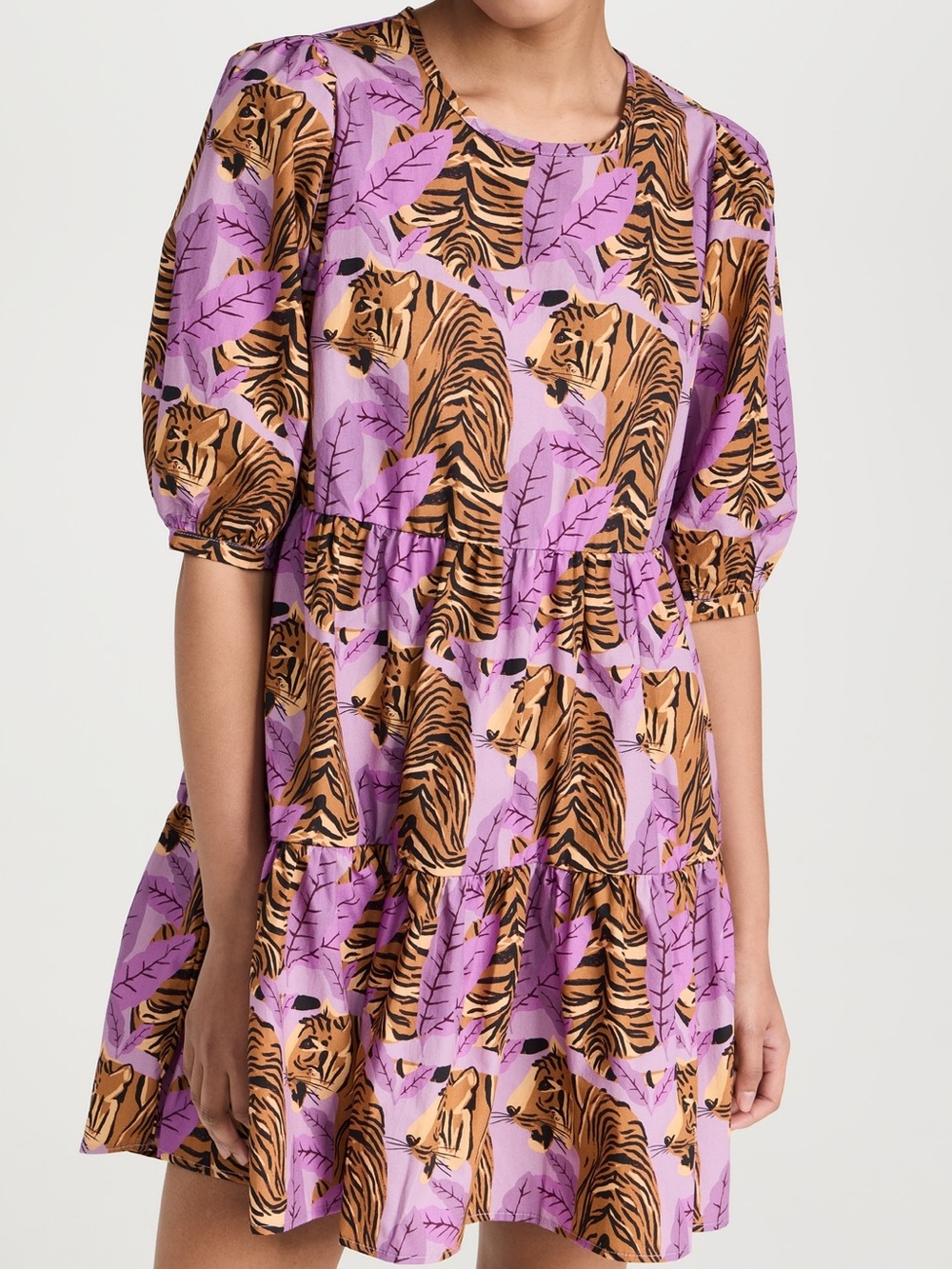 FARM Rio Lavender Tiger Leaves Puff Sleeve Dress